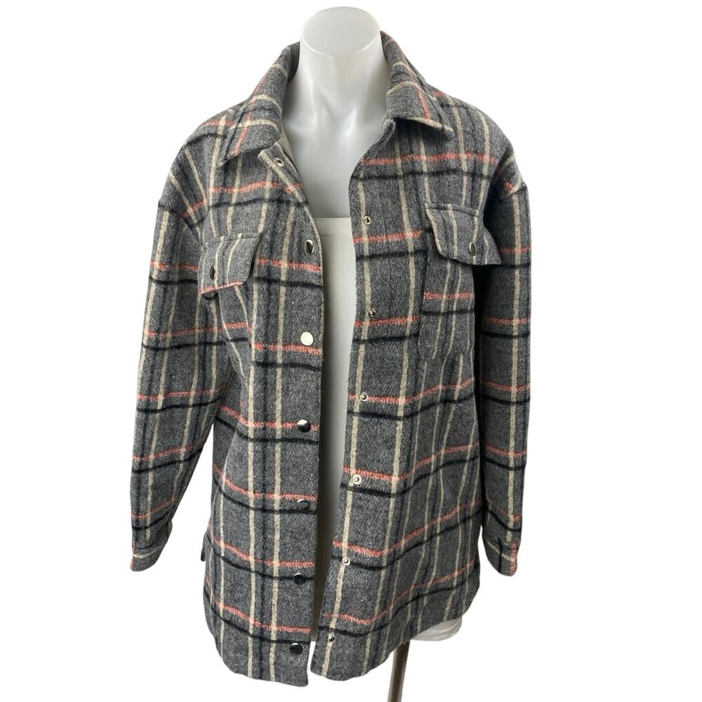 Forever 21 Gray Plaid Checkered Snap Button Down Long Sleeve Shirt Coat Jacket S